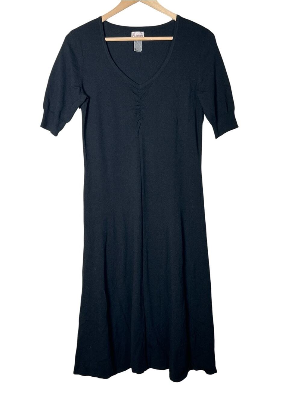 Chico's Black knit V-neck midi dress size 8? b95